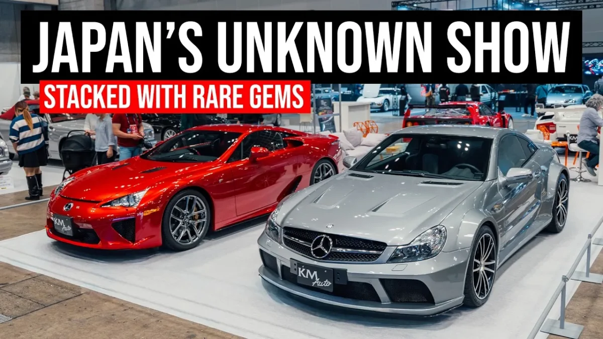 A row of rare and valuable classic cars including a Lexus LFA and an AMG Mercedes Black Series on display at the Automotive Council 2026 at the Makuhari Messe in Japan.