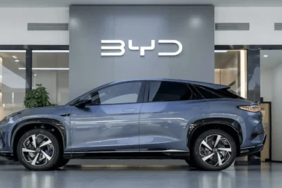A BYD electric vehicle showroom in a Canadian urban setting, representing the Chinese automaker's entry into the Canadian market following the Carney-Xi tariff deal.