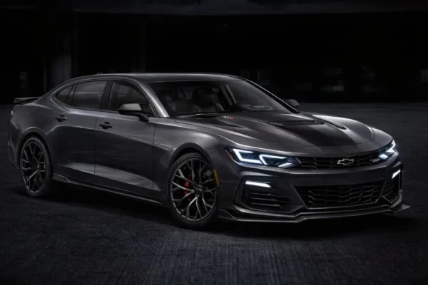 A rendering or studio image of the seventh-generation Chevrolet Camaro concept on the GM Alpha platform alongside the Cadillac CT5 at the Lansing Grand River assembly plant.