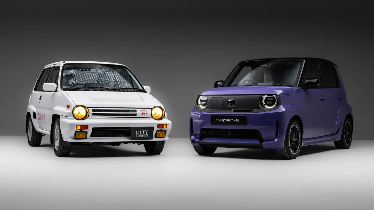 The 2026 Honda Super-N electric city car in purple two-tone paint showing its boxy kei-car-inspired arches and compact proportions ahead of its UK summer launch.
