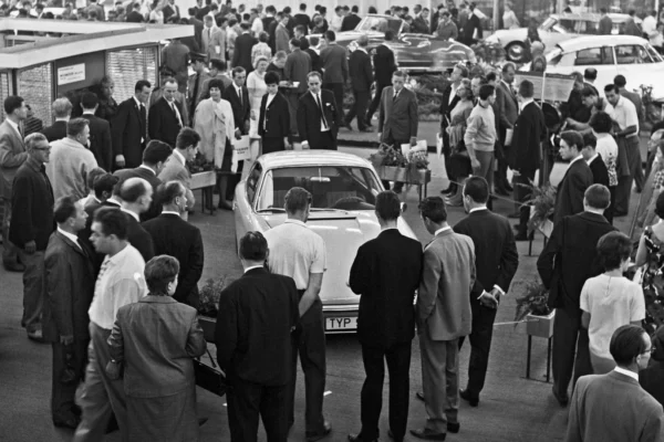 The Porsche 901 prototype on display at the 1963 Frankfurt Motor Show, before the name was changed to 911 following a dispute with Peugeot