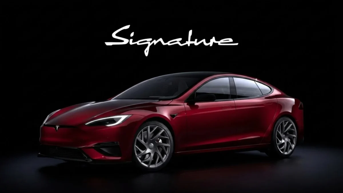A Tesla Model S Signature Edition in Garnet Red, representing the final deliveries of Tesla’s iconic electric sedan as production comes to an end in 2026.