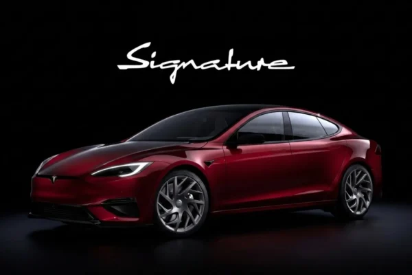 A Tesla Model S Signature Edition in Garnet Red, representing the final deliveries of Tesla’s iconic electric sedan as production comes to an end in 2026.