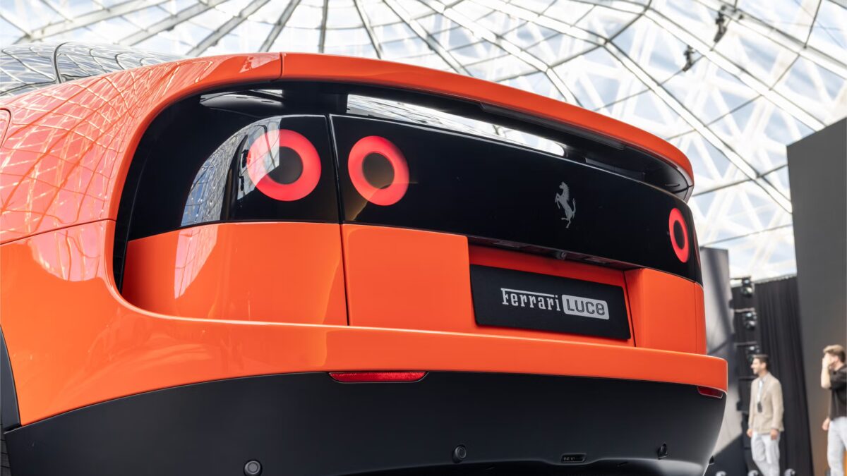 The Ferrari Luce electric car revealed in Rome in May 2026, showing the shell-like panoramic glasshouse and aluminium aerodynamic wings of the LoveFrom-designed four-door grand tourer.