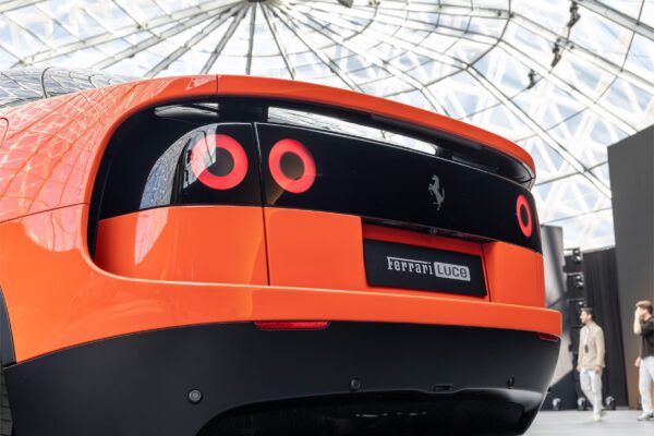 The Ferrari Luce electric car revealed in Rome in May 2026, showing the shell-like panoramic glasshouse and aluminium aerodynamic wings of the LoveFrom-designed four-door grand tourer.