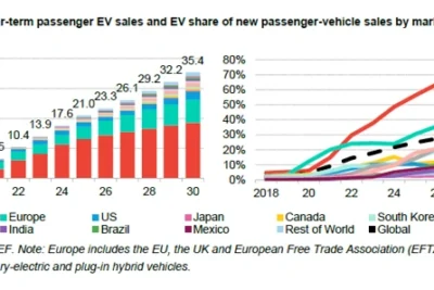 A graphic from the BloombergNEF 2026 Electric Vehicle Outlook showing global EV market share projections from 2026 to 2050, with China dominating near-term growth and global sales reaching 100% electric by mid-century.