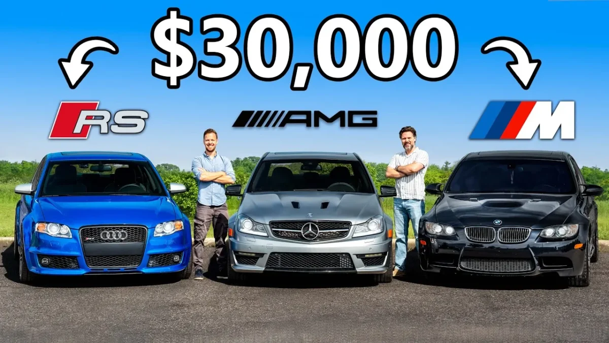 A BMW E90 M3, Mercedes-Benz W204 C63 AMG 507 Edition, and Audi B7 RS4 parked side by side in Toronto for a Throttle House comparison representing the golden era of naturally aspirated V8 sport sedans.