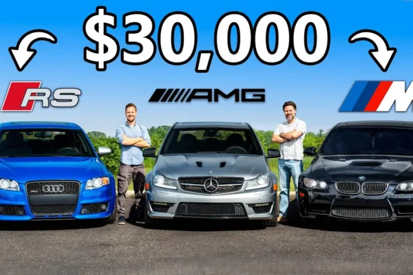 A BMW E90 M3, Mercedes-Benz W204 C63 AMG 507 Edition, and Audi B7 RS4 parked side by side in Toronto for a Throttle House comparison representing the golden era of naturally aspirated V8 sport sedans.