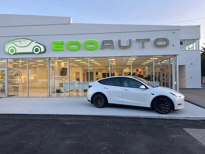 A Tesla Model Y on a European dealer lot under overcast skies, with empty parking spaces visible behind it, illustrating slowing European demand for the brand.