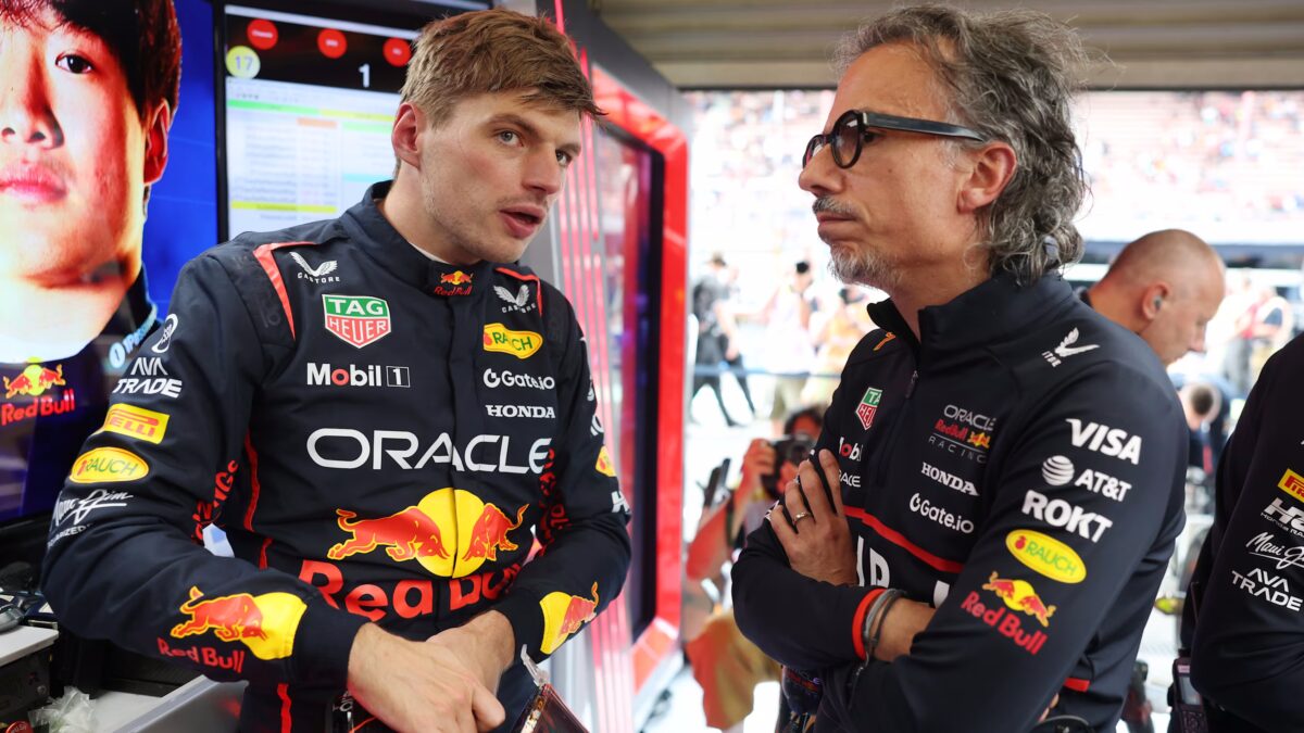 Max Verstappen in the Red Bull Ring paddock ahead of the 2026 Austrian Grand Prix, with Red Bull team principal Laurent Mekies.