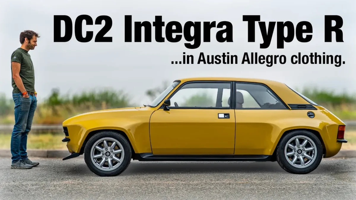 A Harvest Gold Austin Allegro restomod with widebody arches by Retropower, built on Honda Integra Type R underpinnings, parked on a British country lane.