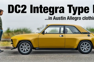 A Harvest Gold Austin Allegro restomod with widebody arches by Retropower, built on Honda Integra Type R underpinnings, parked on a British country lane.